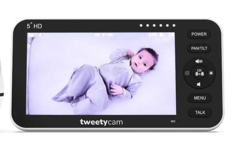 TweetyCam Baby Monitor Screen Dock | Cord Holder | Model 2.0 showing a baby on the monitor with user-friendly controls.