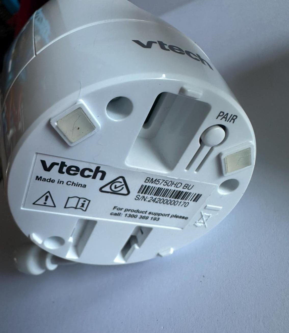 VTech Baby Monitor Shelf Mount | Angled | BM5750HD & More - Underside view of BM5750HD monitor with pairing button.