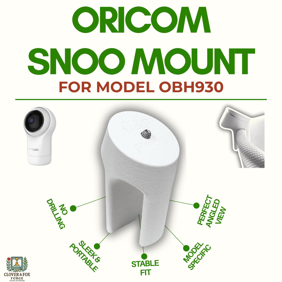 Oricom Baby Monitor Snoo & Cot Mount | OBH930 for secure overhead view on Snoo, cot, or bassinet, no-drill installation.