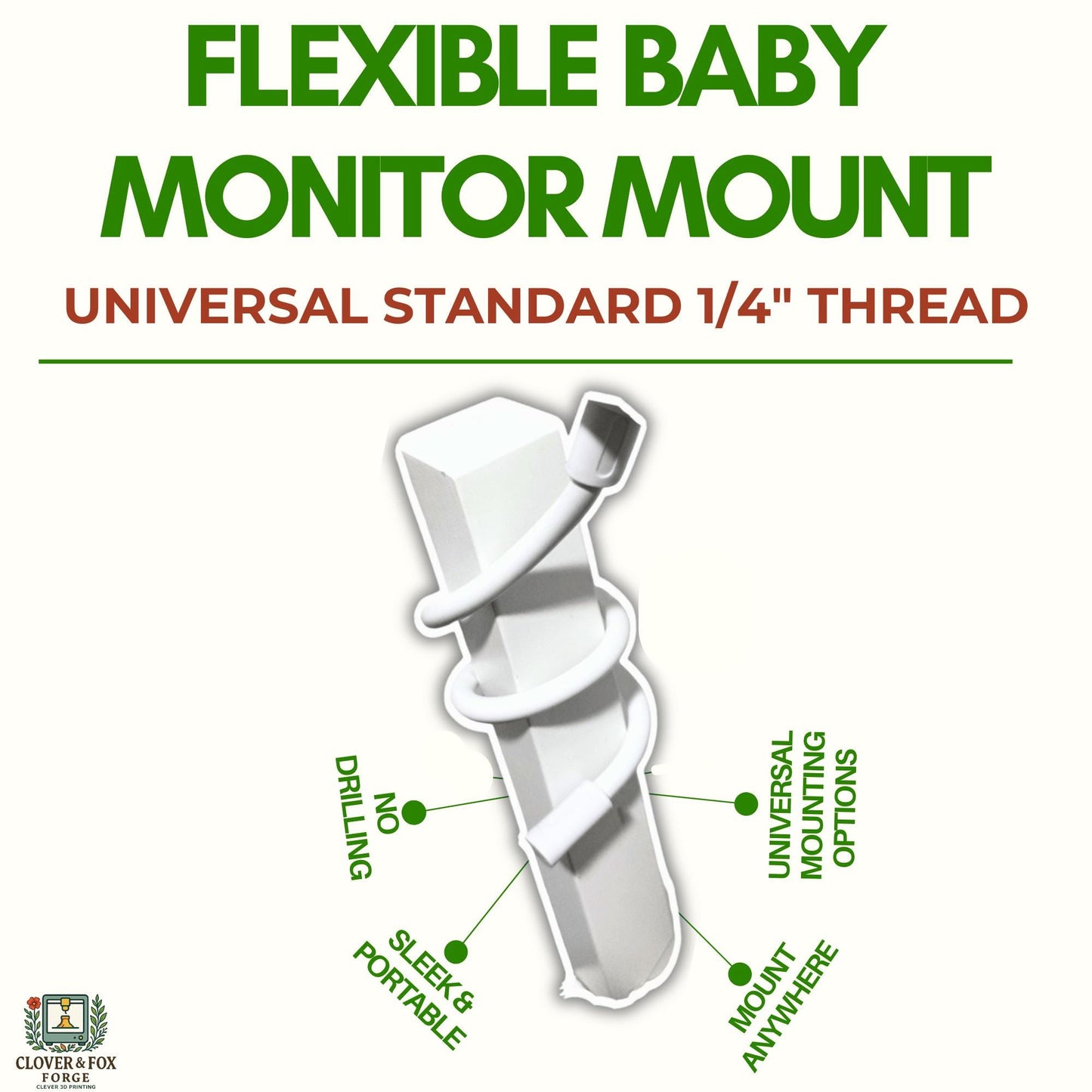 Universal Flexible Gooseneck Baby Monitor Mounting Arm (Standard 1/4 Inch Thread) infographic with features.