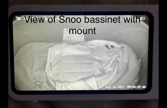 View of Snoo bassinet with Babysense Baby Monitor Snoo & Cot Mount | HDS2TX installed, showcasing no-drill installation.