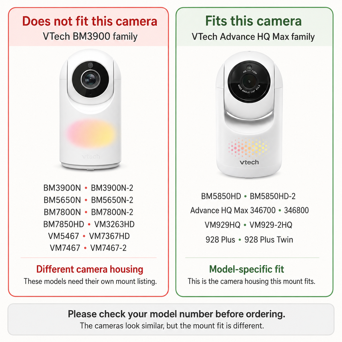 VTech Advanced HQ Max compatible camera housing compared with incompatible VTech BM3900 camera housing