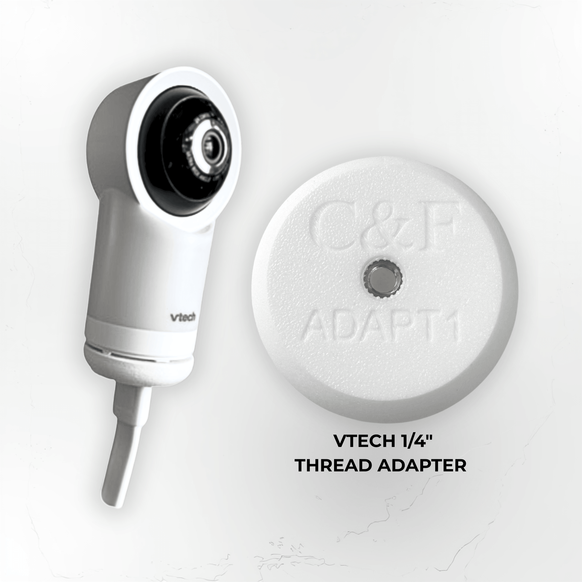 VTech Baby Monitor Mount Adapter | RM7766HD & More | 1/4" Thread next to a 1/4" thread adapter.
