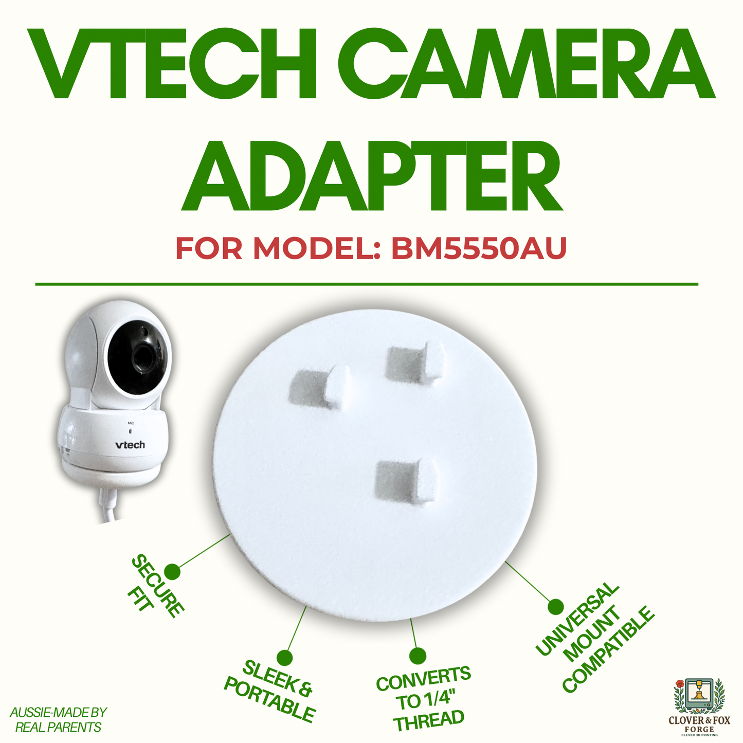 VTech BM5550AU Baby Monitor Adapter | Convert to 1/4” Tripod Thread | No-Drill 3D Printed Mount – Made in Australia