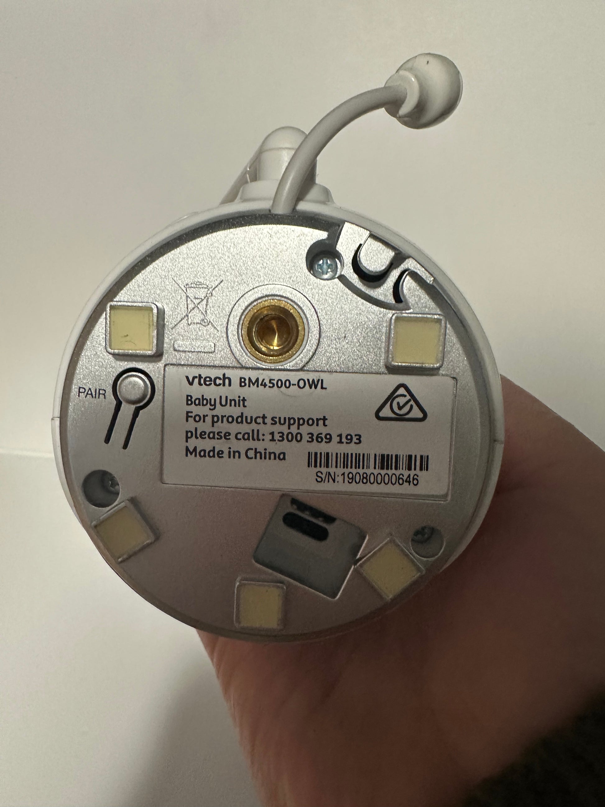 VTech Baby Monitor Shelf Mount | Angled | BM4500N & More - underside view of Vtech BM4500-OWL baby unit.