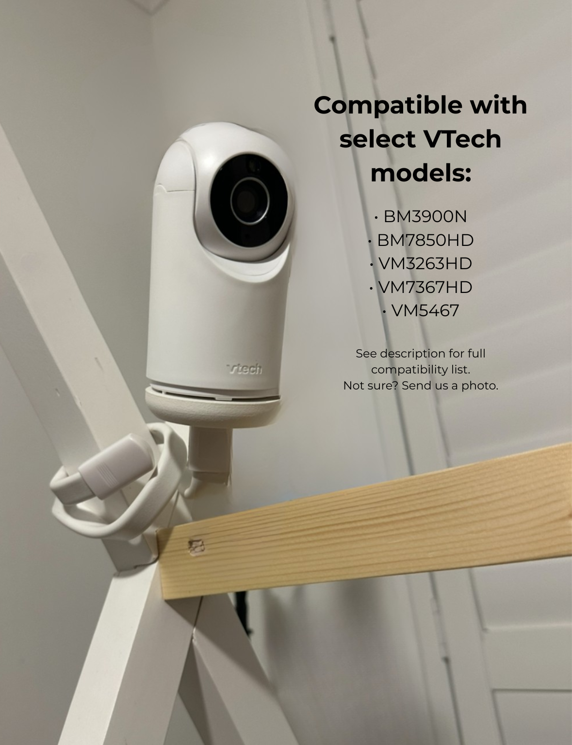 VTech Baby Monitor Mount Adapter | BM3900N & More | 1/4" Thread mounted on shelf with compatible VTech models listed.