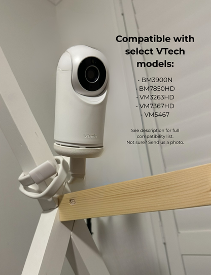 VTech Baby Monitor Mount Adapter | BM3900N & More | 1/4" Thread mounted on shelf with compatible VTech models listed.