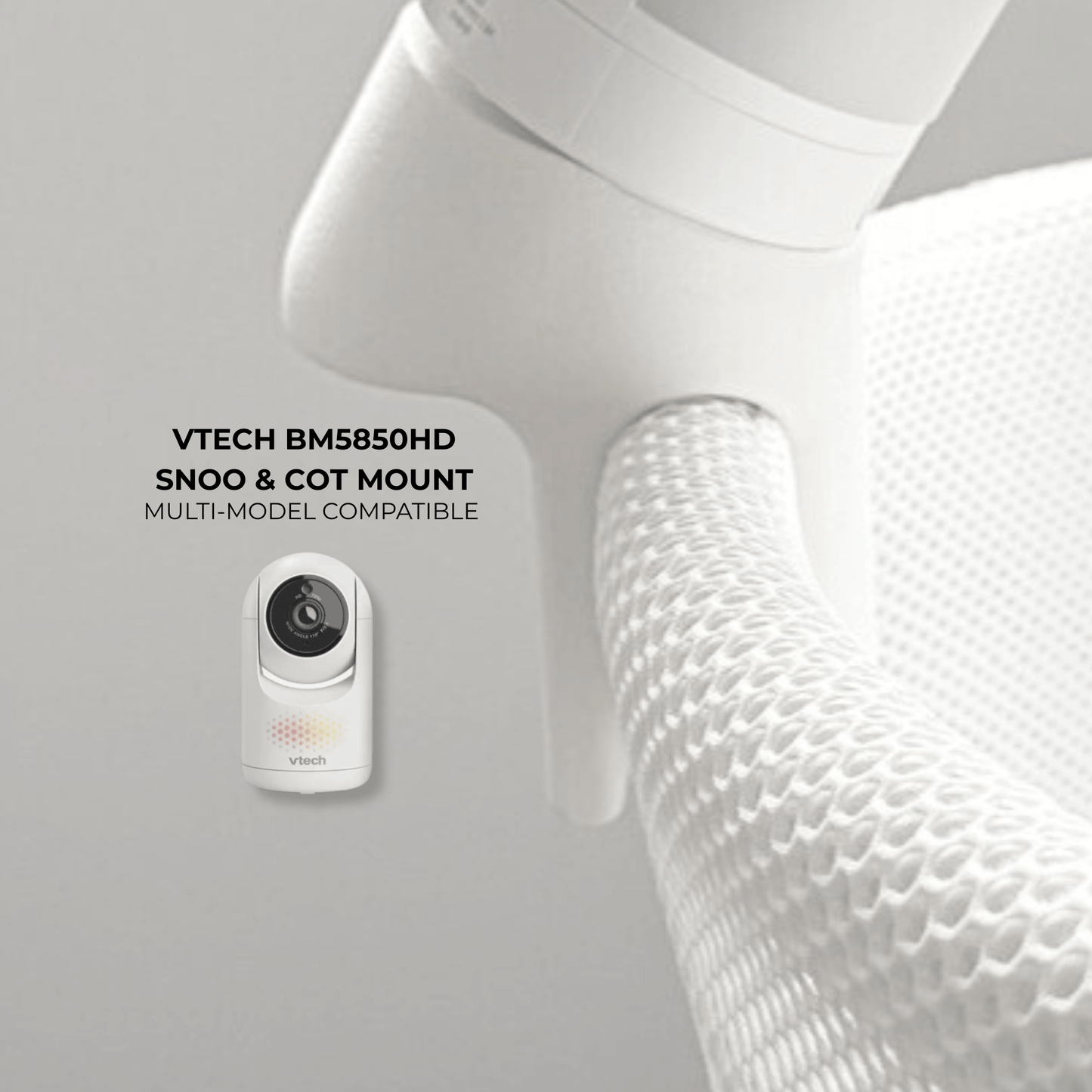 Vtech Baby Monitor Snoo & Cot Mount | BM5850HD attached to a Snoo bassinet for overhead viewing.