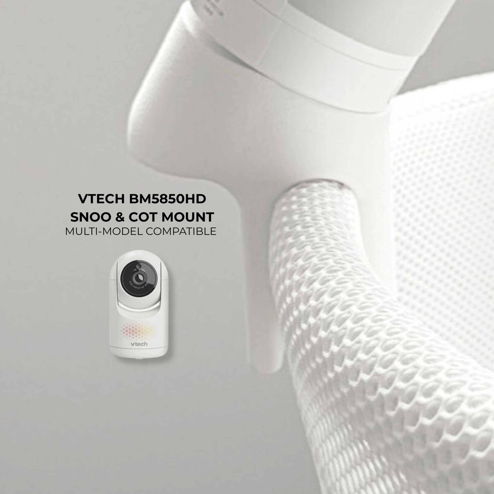 Vtech Baby Monitor Snoo & Cot Mount | BM5850HD attached to a Snoo bassinet for overhead viewing.