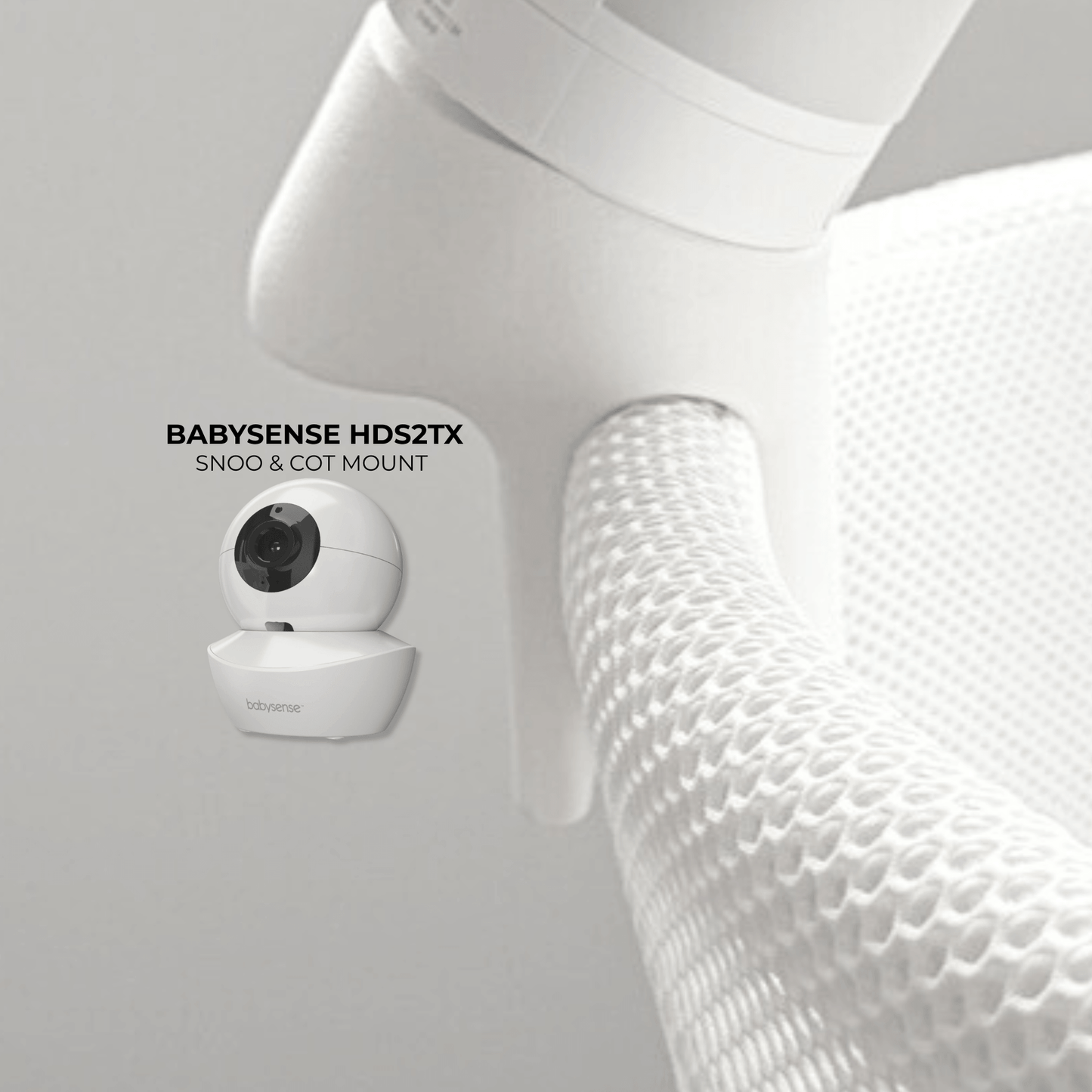 Babysense Baby Monitor Snoo & Cot Mount | HDS2TX mounted on a cot, showcasing its 30° angled overhead view.