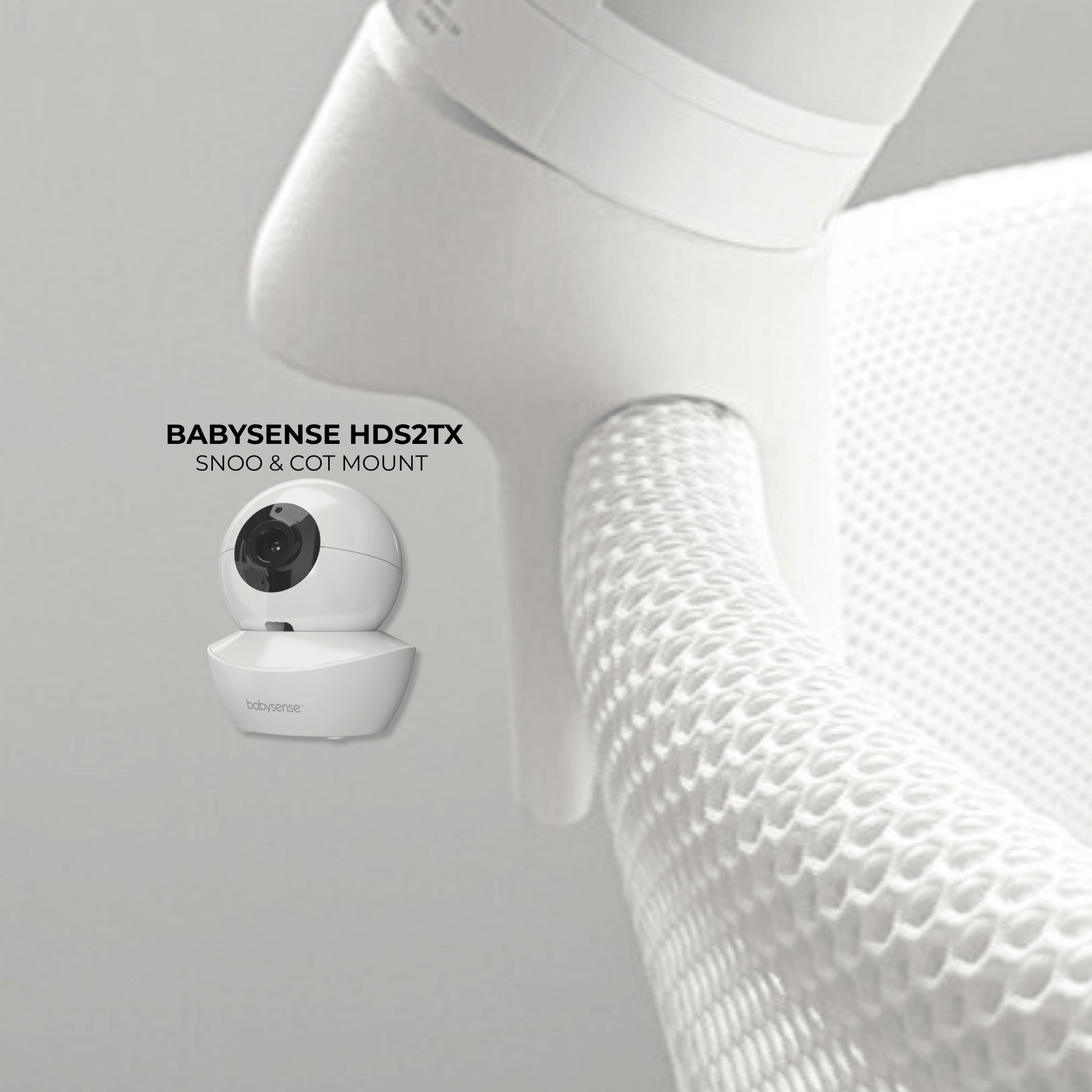 Babysense Baby Monitor Snoo & Cot Mount | HDS2TX mounted on a cot, showcasing its 30° angled overhead view.