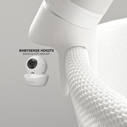 Babysense Baby Monitor Snoo & Cot Mount | HDS2TX mounted on a cot, showcasing its 30° angled overhead view.