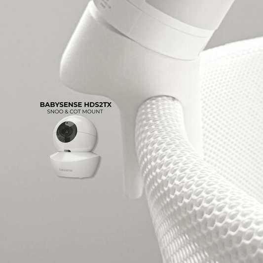 Babysense Baby Monitor Snoo & Cot Mount | HDS2TX mounted on a cot, showcasing its 30° angled overhead view.