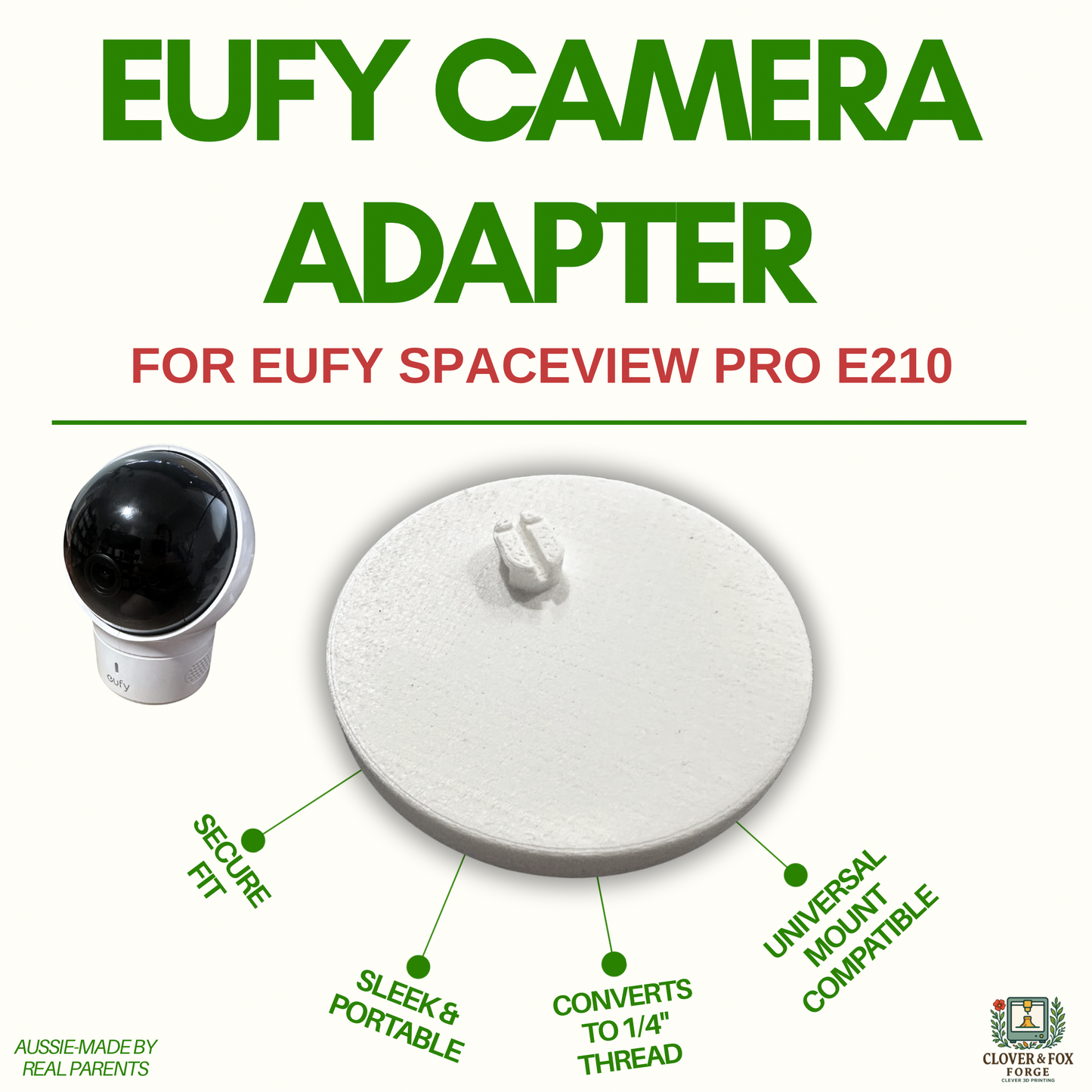 Eufy E210 SpaceView Pro Adapter – Convert to 1/4” Tripod Thread | 3D Printed in Australia | Family Made Monitor Camera: 1/4" Thread | Aussie Made