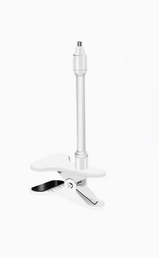 White CLAMP baby monitor mounting arm with spring clip and standard 1/4 inch threaded screw