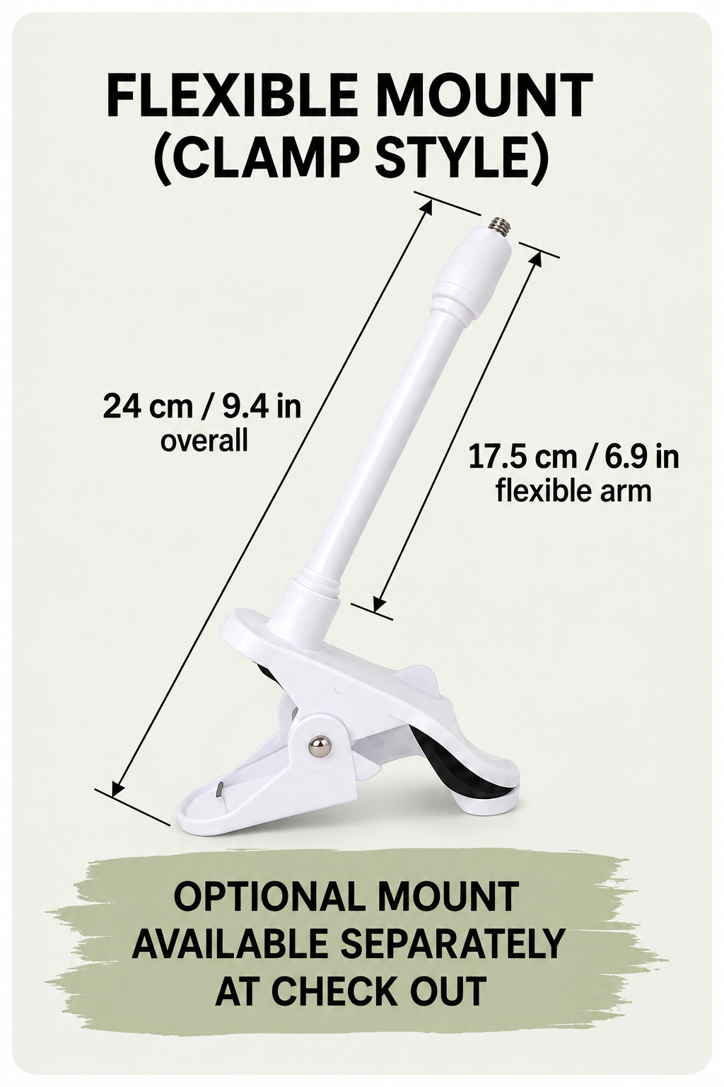 CLAMP flexible baby monitor mounting arm showing 24 cm overall and 17.5 cm flexible arm