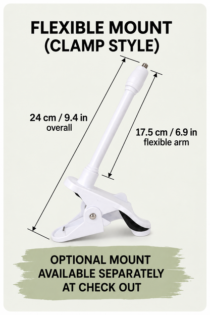 CLAMP flexible baby monitor mounting arm showing 24 cm overall and 17.5 cm flexible arm