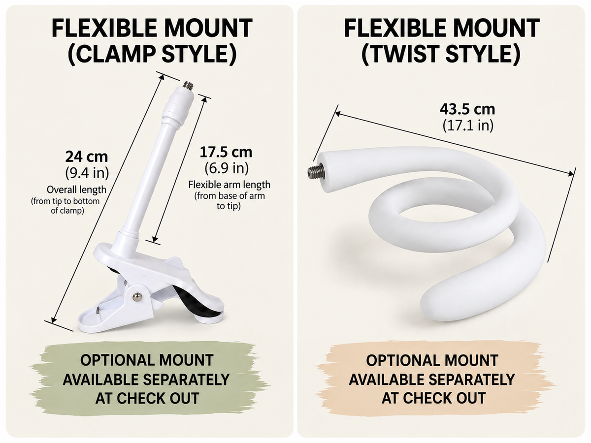 Flexible mount options: CLAMP 24 cm overall with 17.5 cm flexible arm, and TWIST 43.5 cm overall