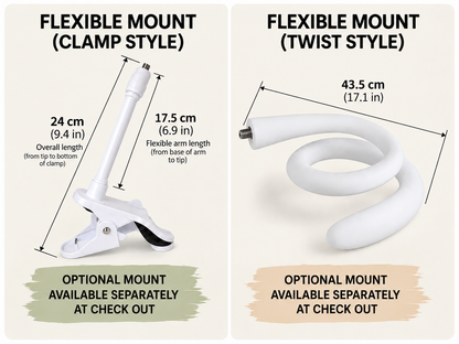 Flexible mount options: CLAMP 24 cm overall with 17.5 cm flexible arm, and TWIST 43.5 cm overall