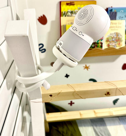 Universal Flexible Gooseneck Baby Monitor Mounting Arm (Standard 1/4 Inch Thread) mounted on a cot.