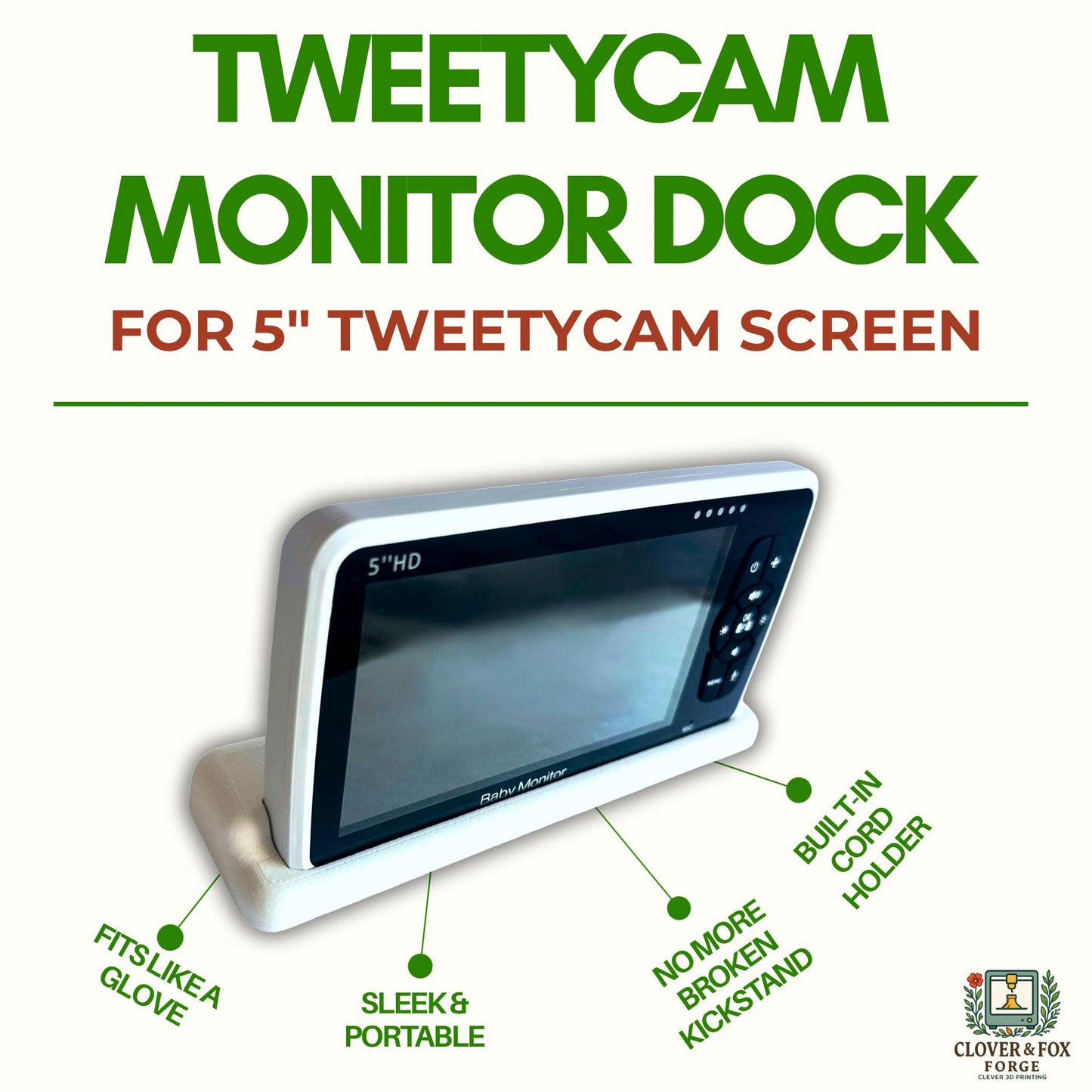 TweetyCam Monitor Dock – 3D-Printed Stand with Cord Holder | Fits Case-Removed Units | Made in Australia