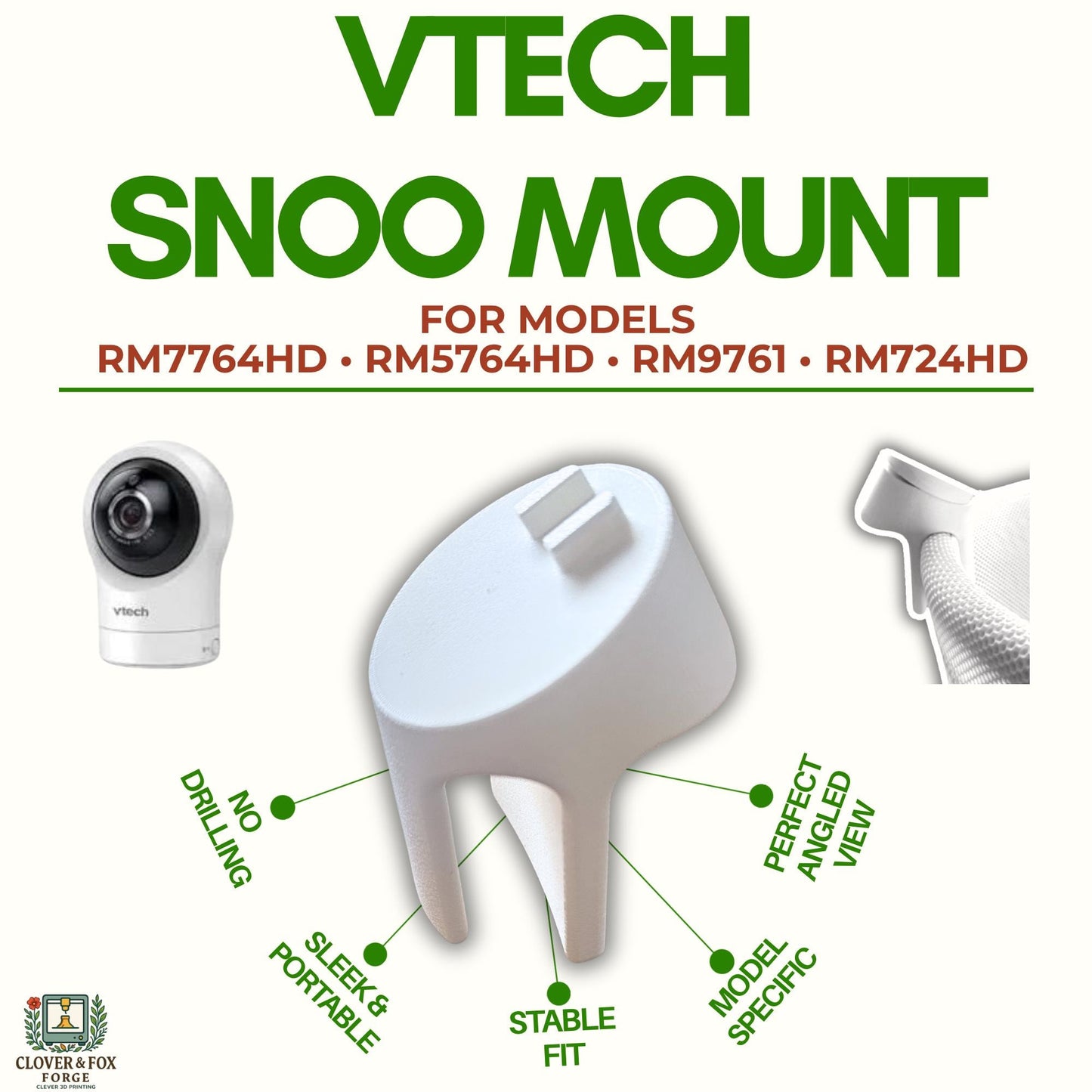 VTech Snoo & Cot Baby Monitor Mount – 30° Angled No-Drill Clip-On Stand | 3D Printed in Australia | Eco-Friendly Family Made