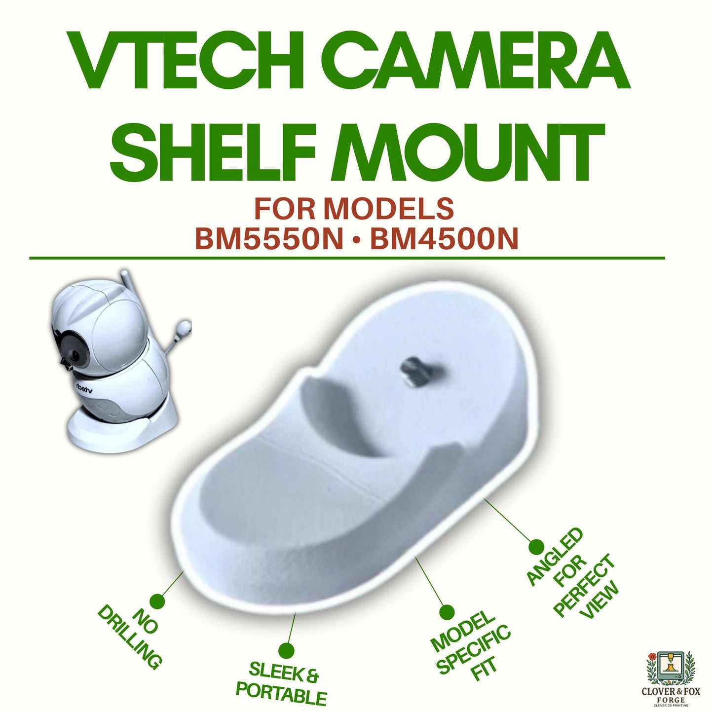 VTech BM4500N & BM5550N Owl Camera Mount, Angled Shelf Stand, No-Drill, 3D Printed