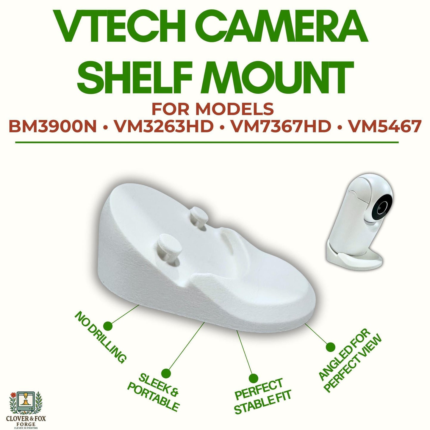 VTech Baby Monitor Shelf Mount – Fits BM3900N, VM3263HD, VM7367HD & VM5467 | 30° Angled No-Drill Stand | 3D Printed in Australia