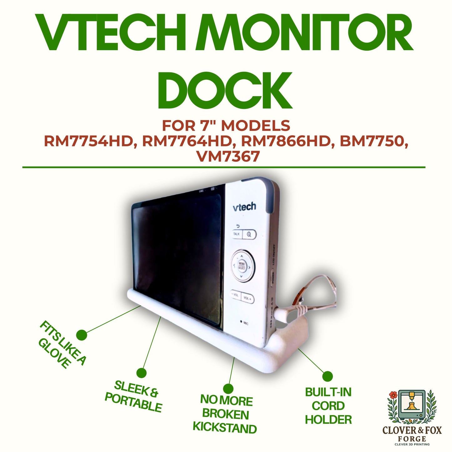 VTech 7” Baby Monitor Dock – Fits RM7754HD, RM7764HD, RM7866HD, BM7750N & VM7367 | 3D-Printed Stand with Cord Holder | Made in Australia