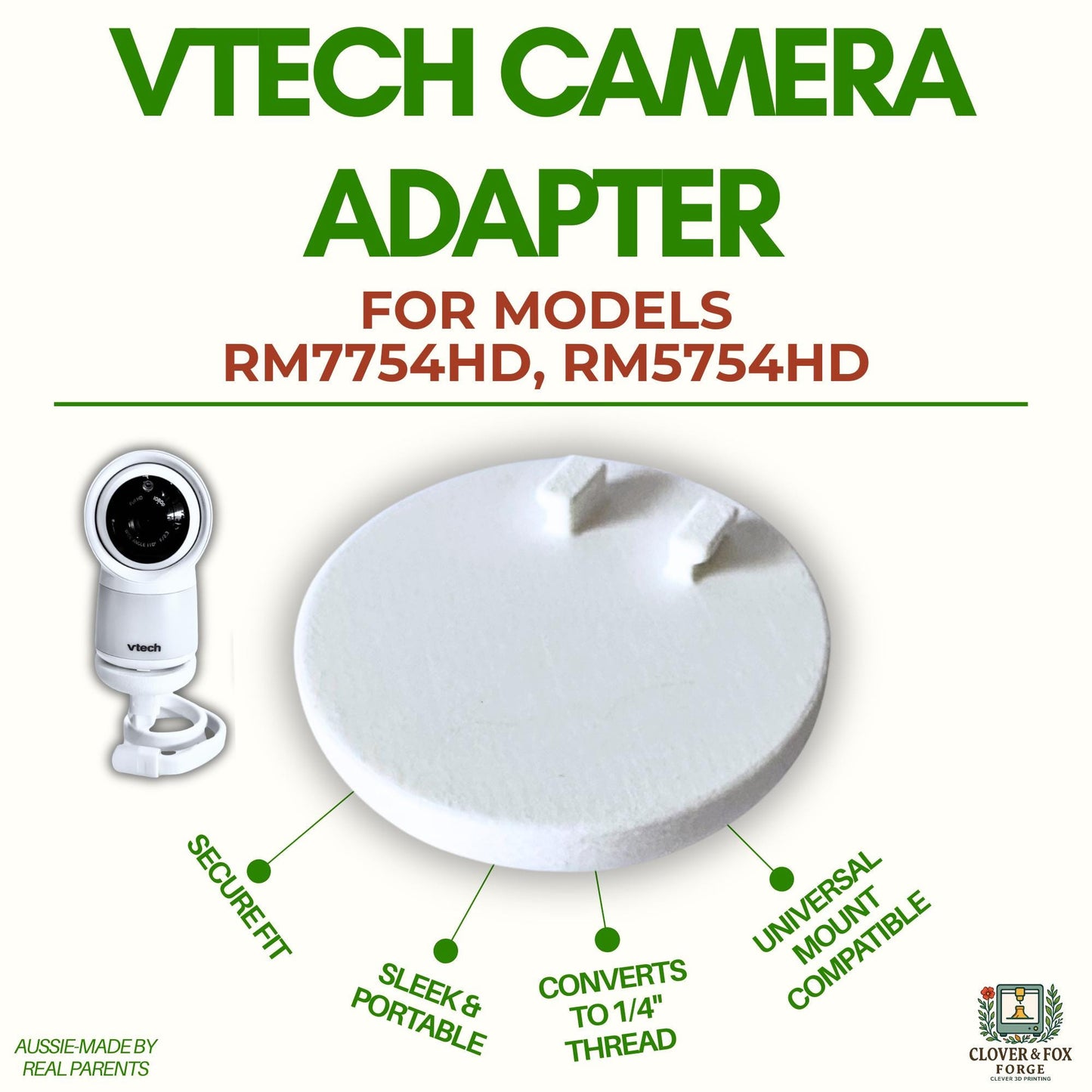 VTech RM7754HD & RM5754HD Baby Monitor Tripod Adapter, 1/4" Thread, 3D Printed Mount