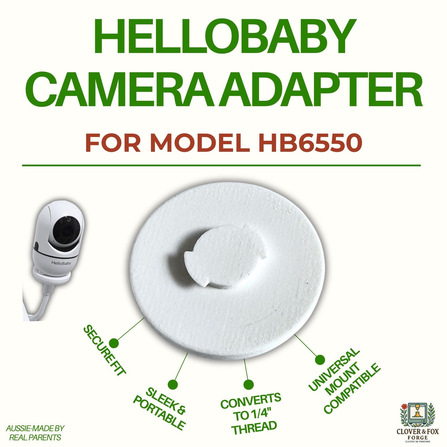 HelloBaby HB6550 Baby Monitor Adapter – Converts to Universal 1/4” Thread | 3D Printed in Australia