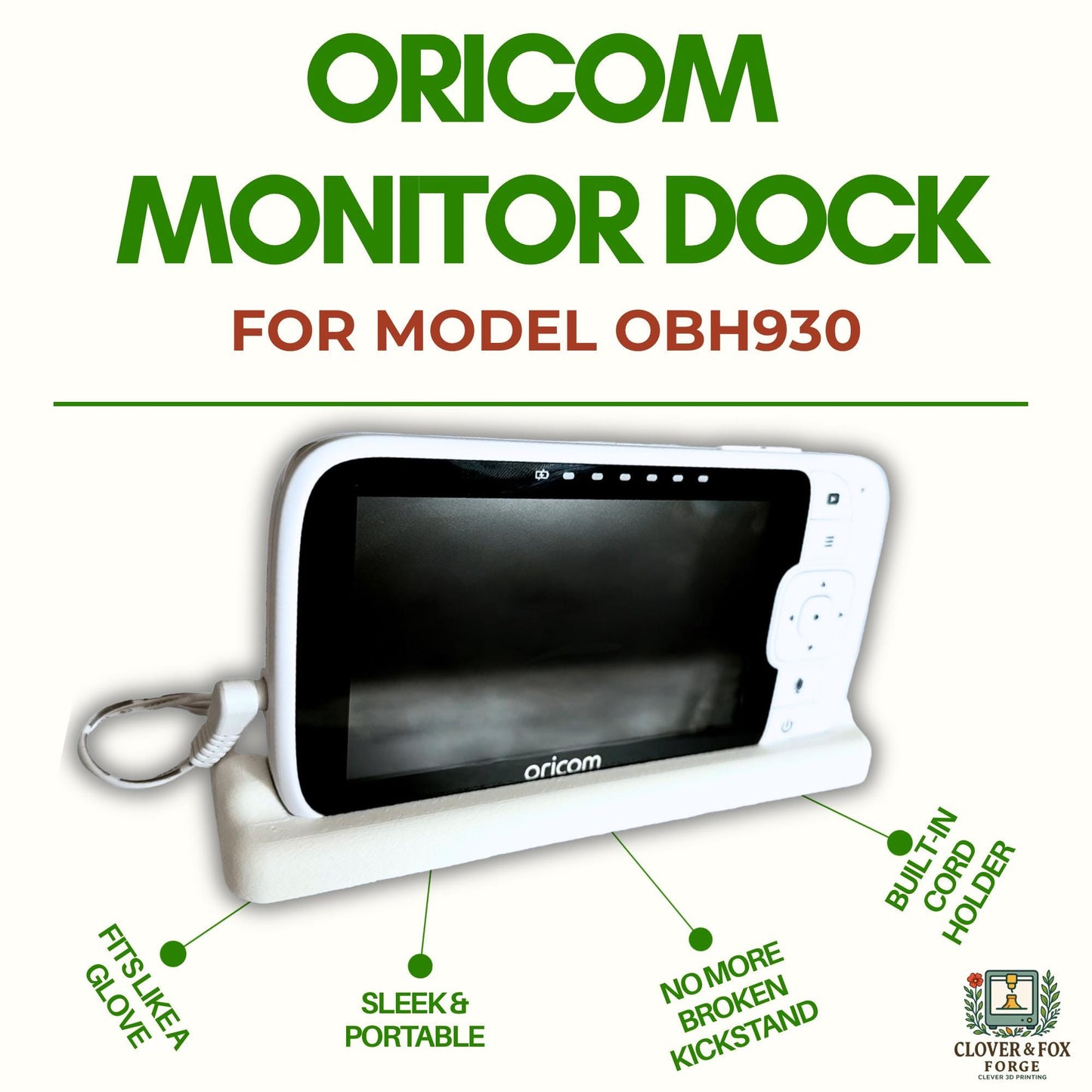 Oricom OBH930 Baby Monitor Dock – Stable 3D-Printed Stand with Cord Holder | Australian Made