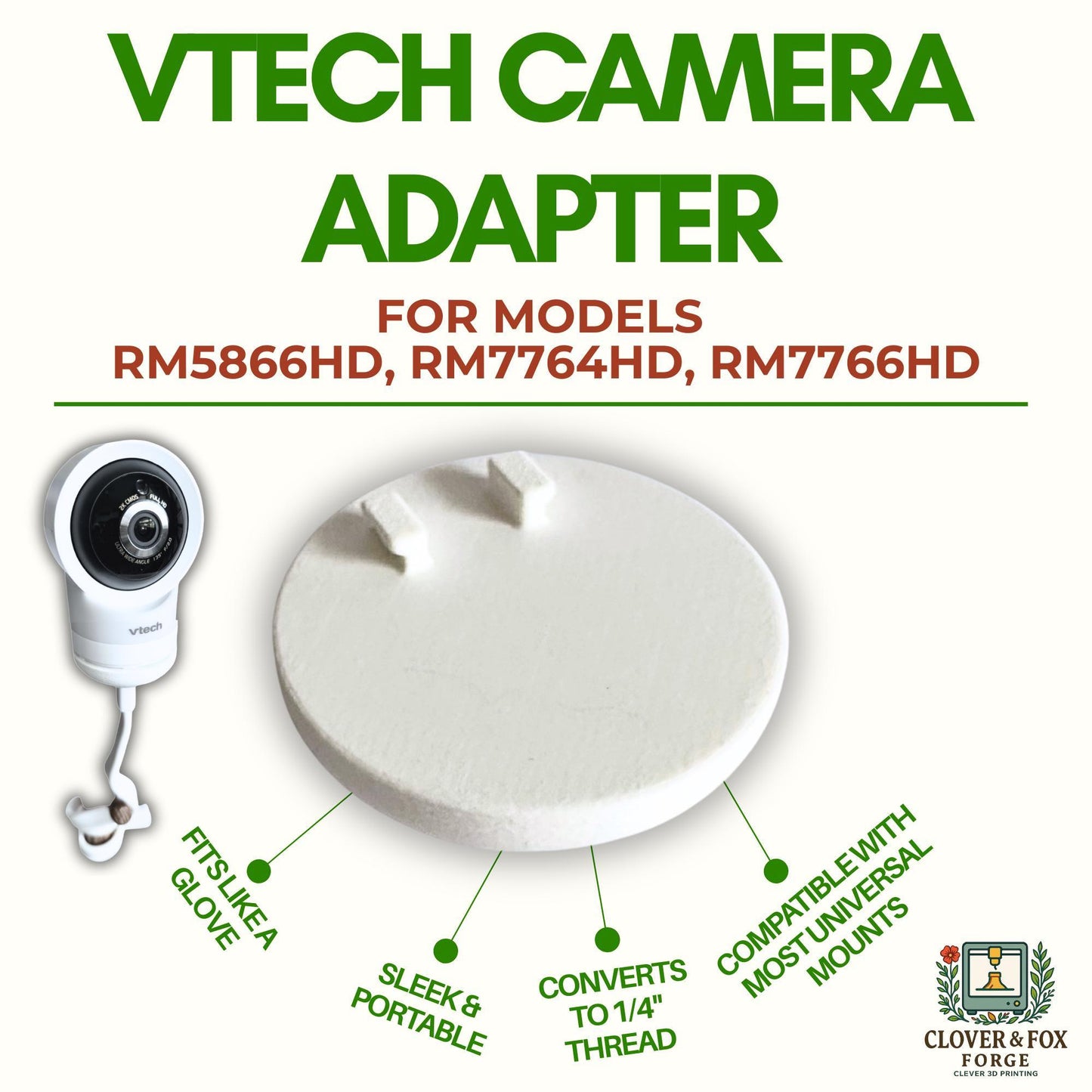 VTech Baby Monitor Adapter – Fits RM5866HD, RM7764HD & RM7766HD | Convert to Universal 1/4” Thread | 3D Printed in Australia