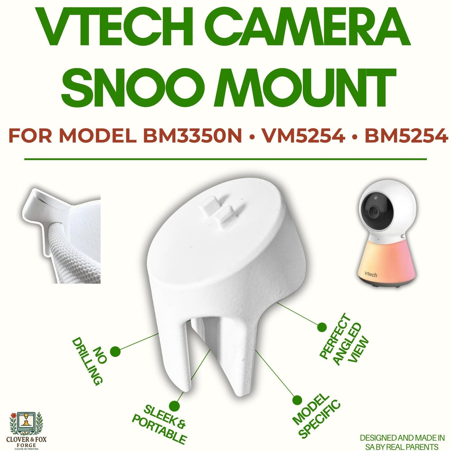 Snoo Clip-On Mount for VTech Baby Monitors – Fits BM3350N, VM5254 & BM5254 | 30° Angled No-Drill Stand | 3D Printed in Australia