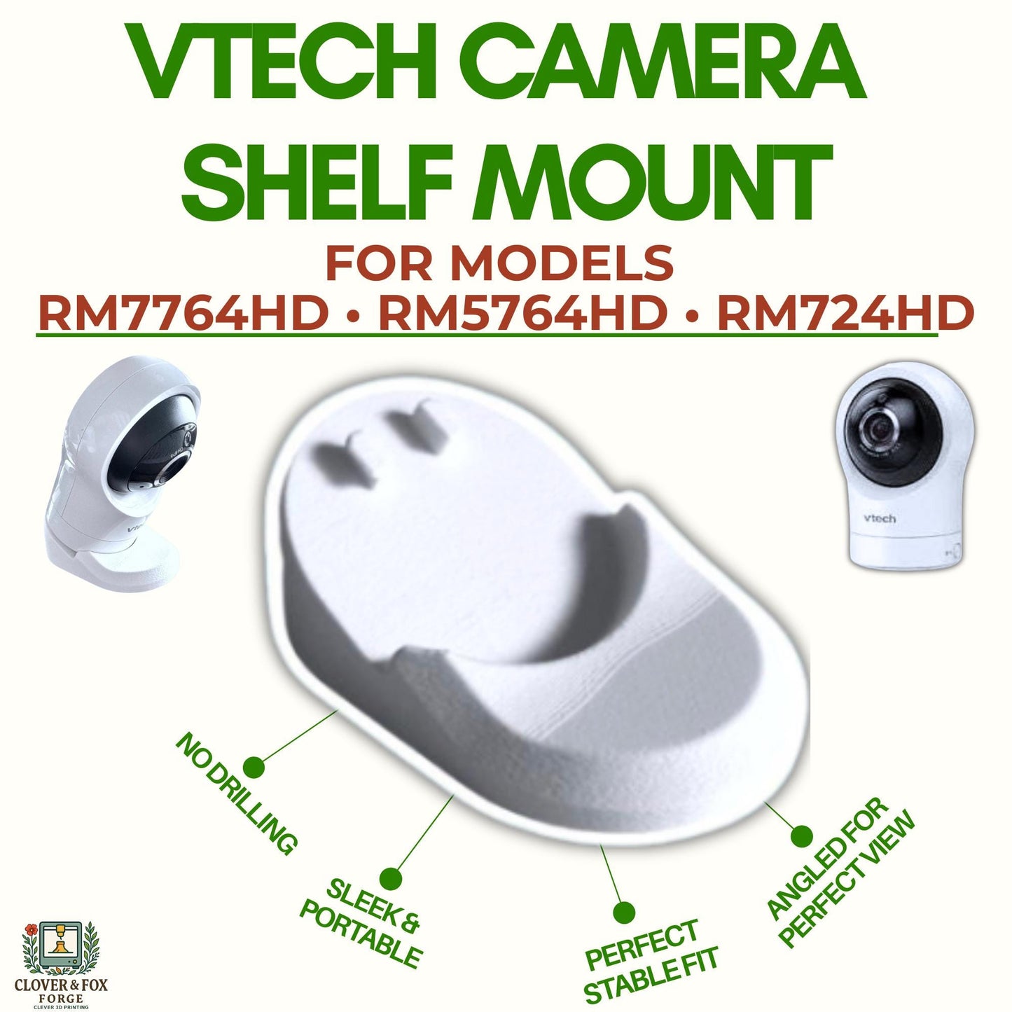 VTech Baby Monitor Shelf Mount – Fits RM7764HD, RM724HD, RM5764HD & More | No-Drill Angled Stand | 3D Printed in Australia