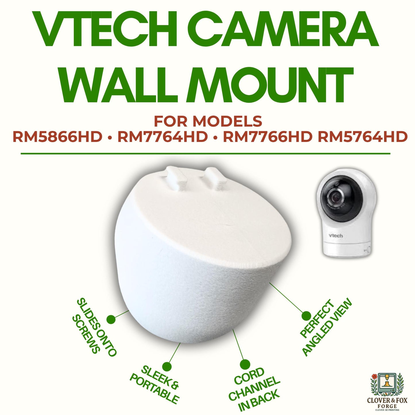VTech RM-Series Baby Monitor Wall Mount – Fits RM5866HD, RM7766HD & More | 45° Angled Holder with Cord Slot | 3D Printed in Australia
