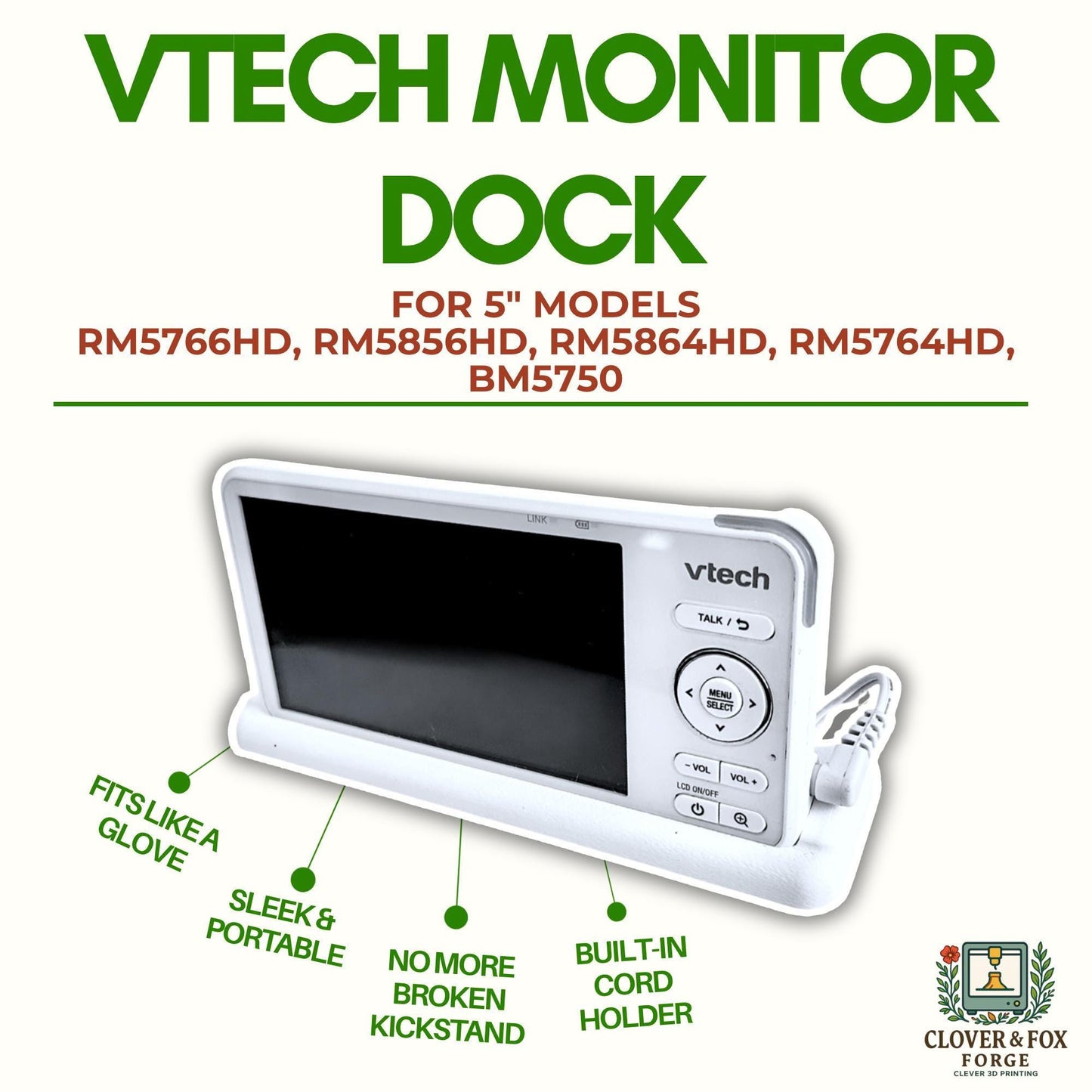VTech 5” Screen Baby Monitor Dock – Fits RM5766HD, RM5856HD, RM5864HD & BM5750 | Cord Holder | 3D Printed in Australia | Eco-Friendly Family Made