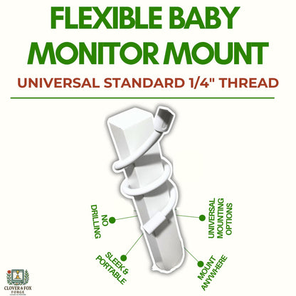 Universal Flexible Gooseneck Baby Monitor Mounting Arm (Standard 1/4 Inch Thread) infographic with features.
