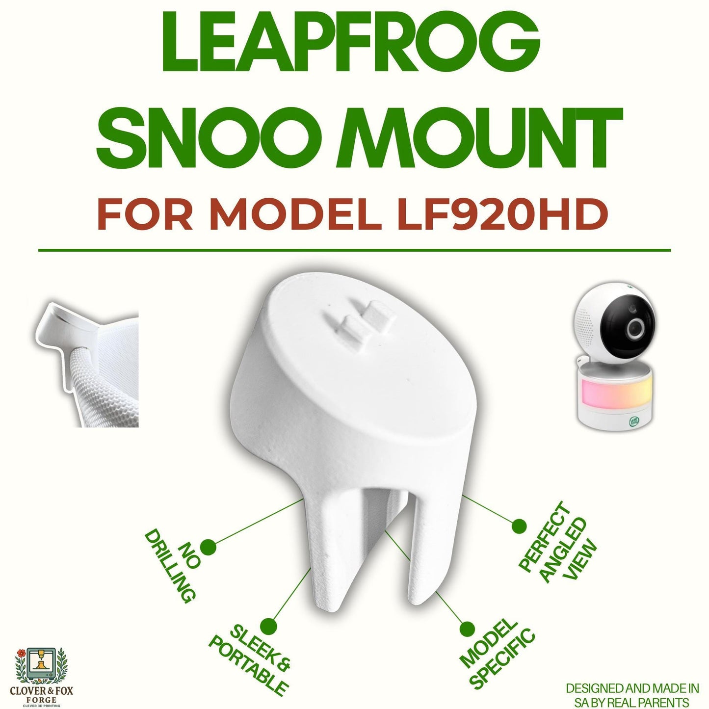 Leapfrog LF920HD Snoo & Cot Baby Monitor Mount – Clip-On 30° Angled Stand | 3D Printed in Australia | Eco-Friendly Family Made