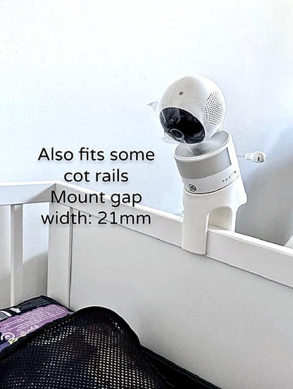 LeapFrog Baby Monitor Snoo & Cot Mount | LF920HD + LF925HD installed on cot rail showing no-drill design and adjustable fit.