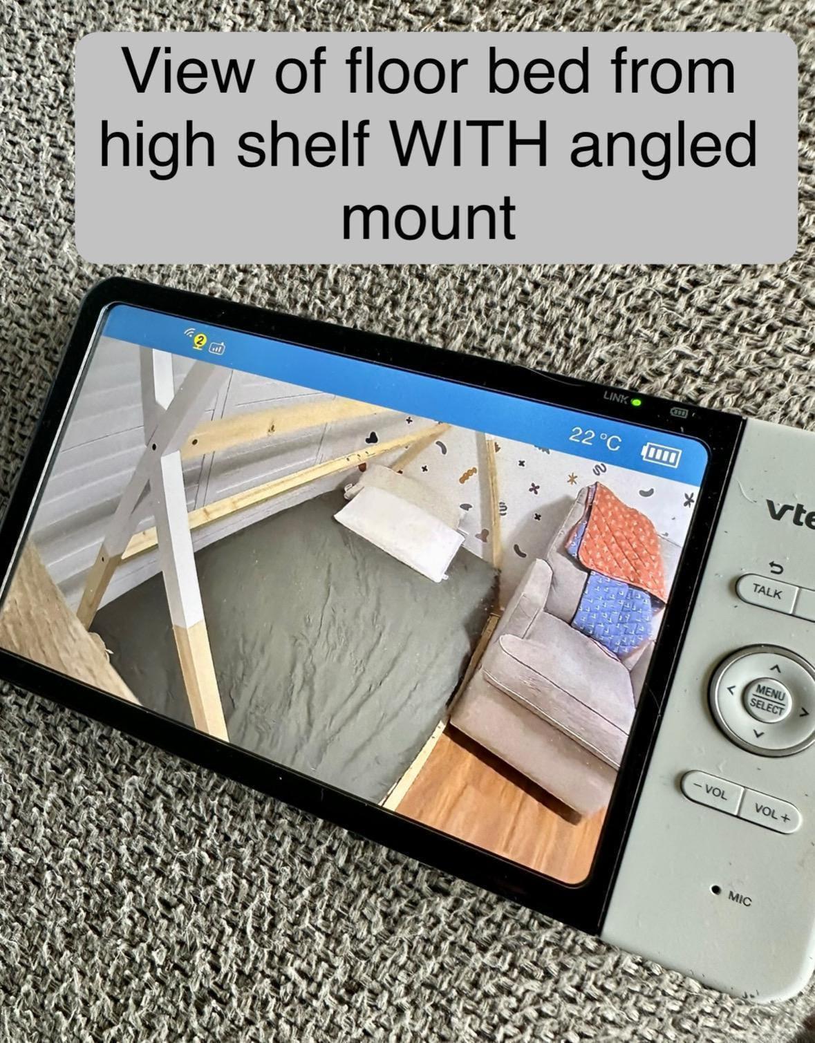 Tweetycam Baby Monitor Shelf Mount | Angled | All Models showing a floor bed view from high shelf with angled mount.