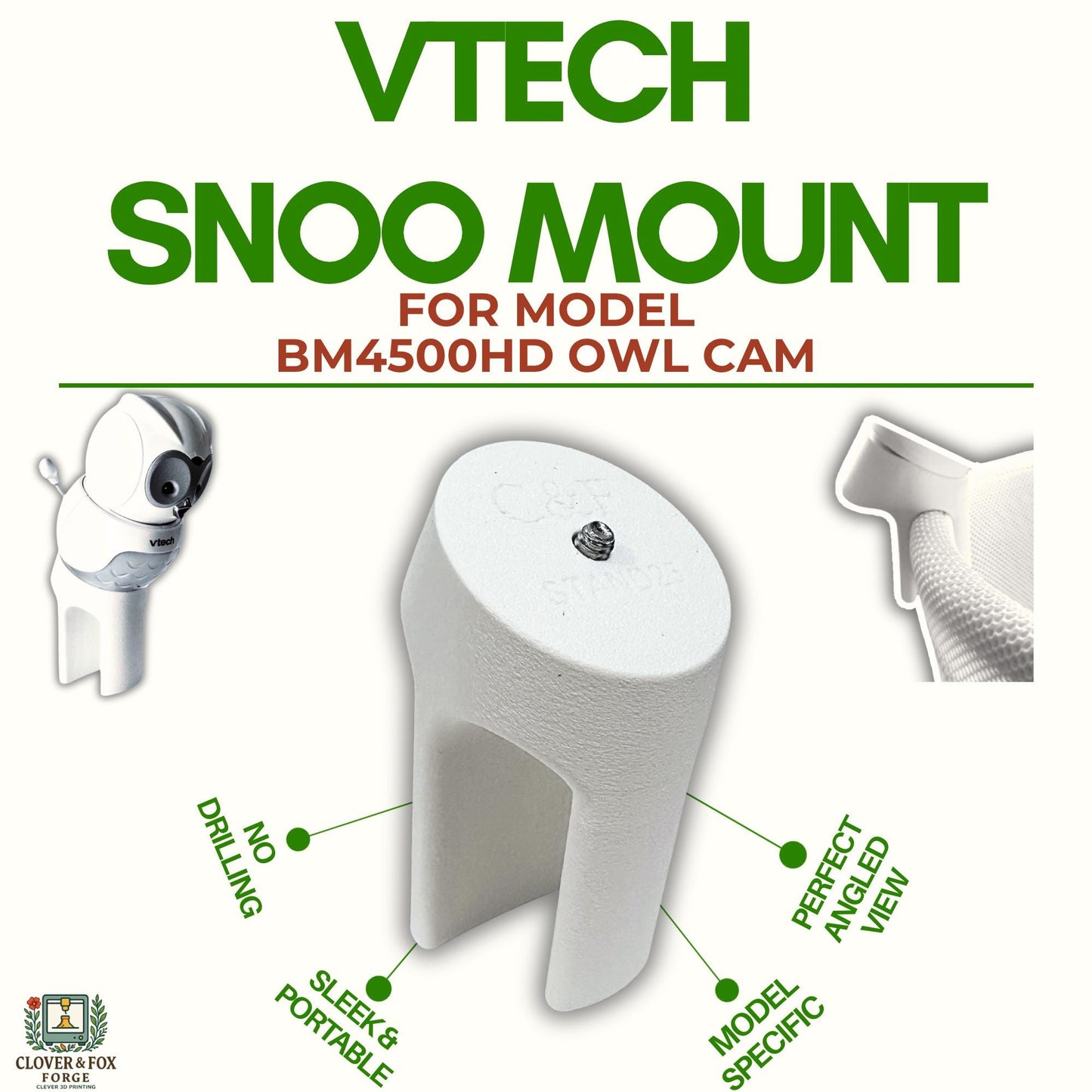 VTech BM4500HD Snoo Mount – No-Drill Clip-On Baby Monitor Holder | 30° Angled View | 3D Printed in Australia | Eco-Friendly Family Made