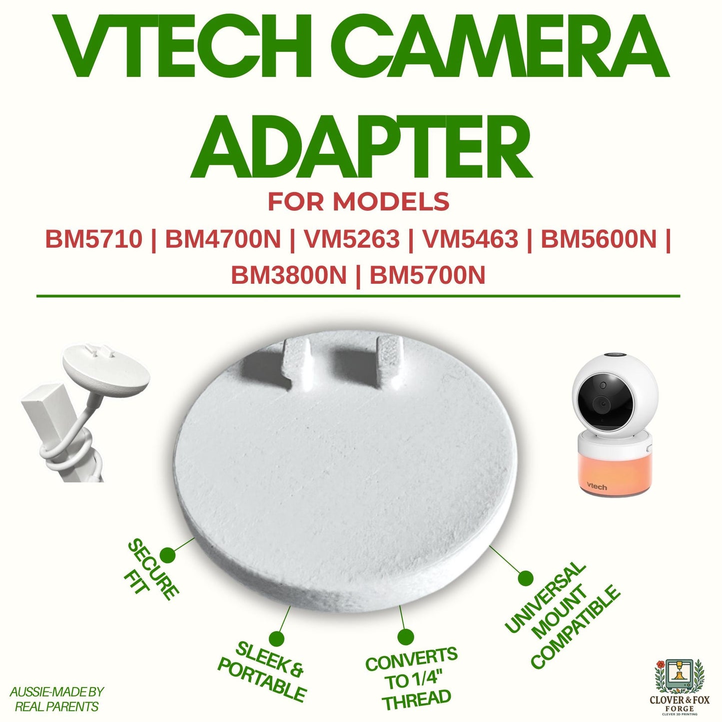 VTech Baby Monitor Adapter – Fits BM5710, BM4700N, VM5263, VM5463, BM5600N & BM3800N | Converts to Universal 1/4” Thread | 3D Printed in Australia