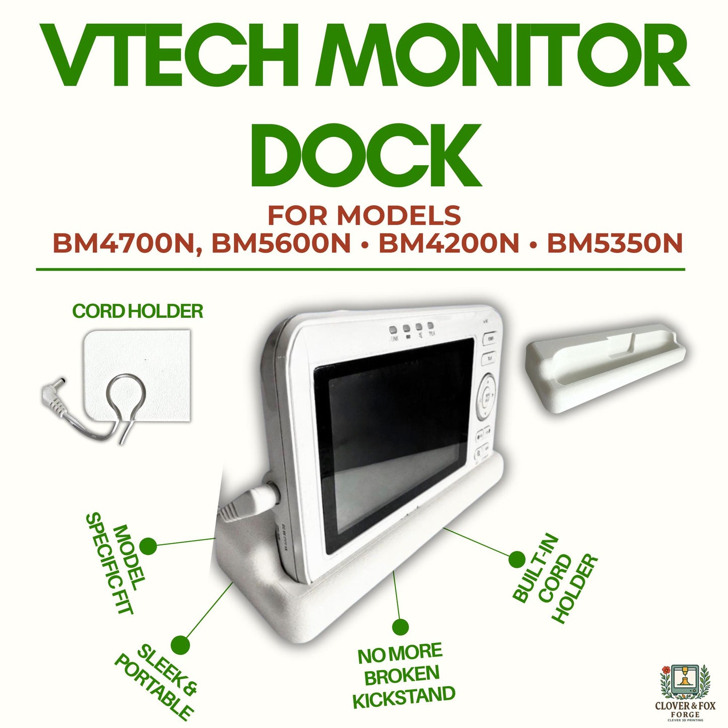 VTech 4.3” Baby Monitor Dock – Fits BM4700N, BM5600N, BM4200N & BM5350N | Cord Holder | 3D Printed in Australia | Eco-Friendly Family Made