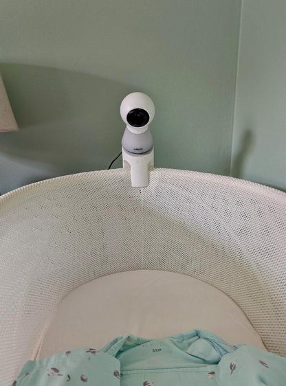 Vtech Baby Monitor Snoo & Cot Mount | Fits BM3350N + More installed on a bassinet for clear overhead view.
