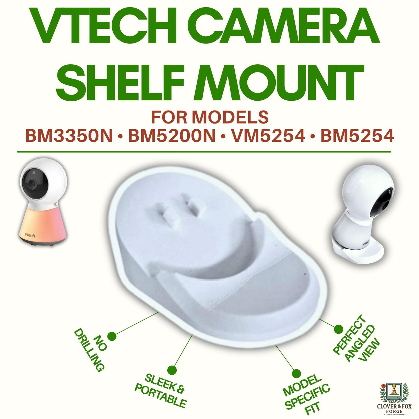 VTech Baby Monitor Shelf Mount – Fits BM3350N, BM5200N, VM5254 & BM5254 | No-Drill Stand | 3D Printed in Australia