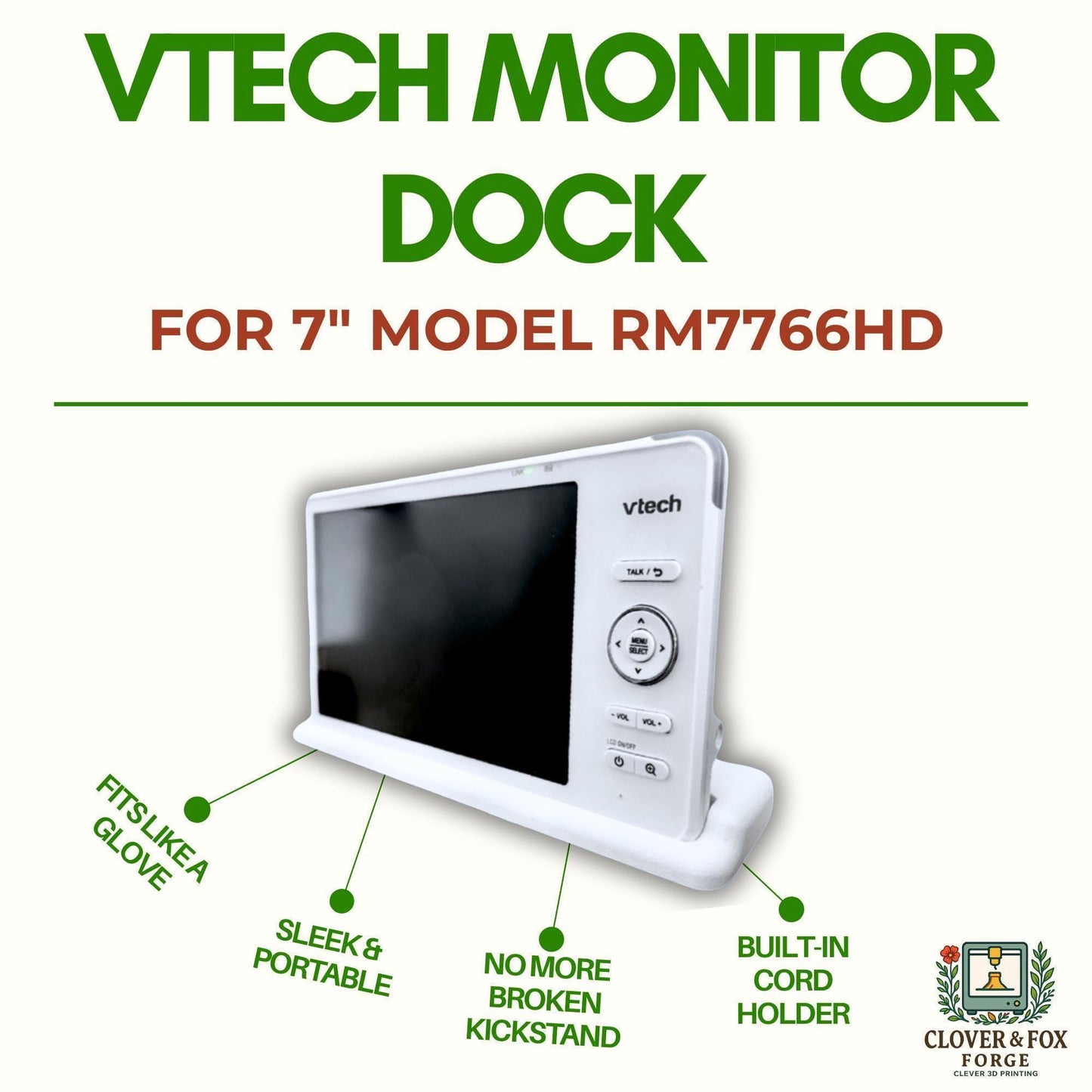 VTech RM7766HD Monitor Dock – Stable 3D-Printed Stand with Cord Holder | Made in Australia