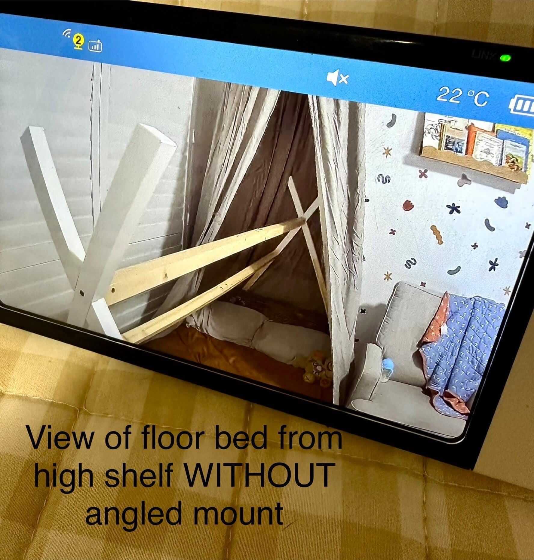 Owlet Baby Monitor Shelf Mount | Angled | Cam 2 view of floor bed without angled mount, demonstrating no-drill capability.