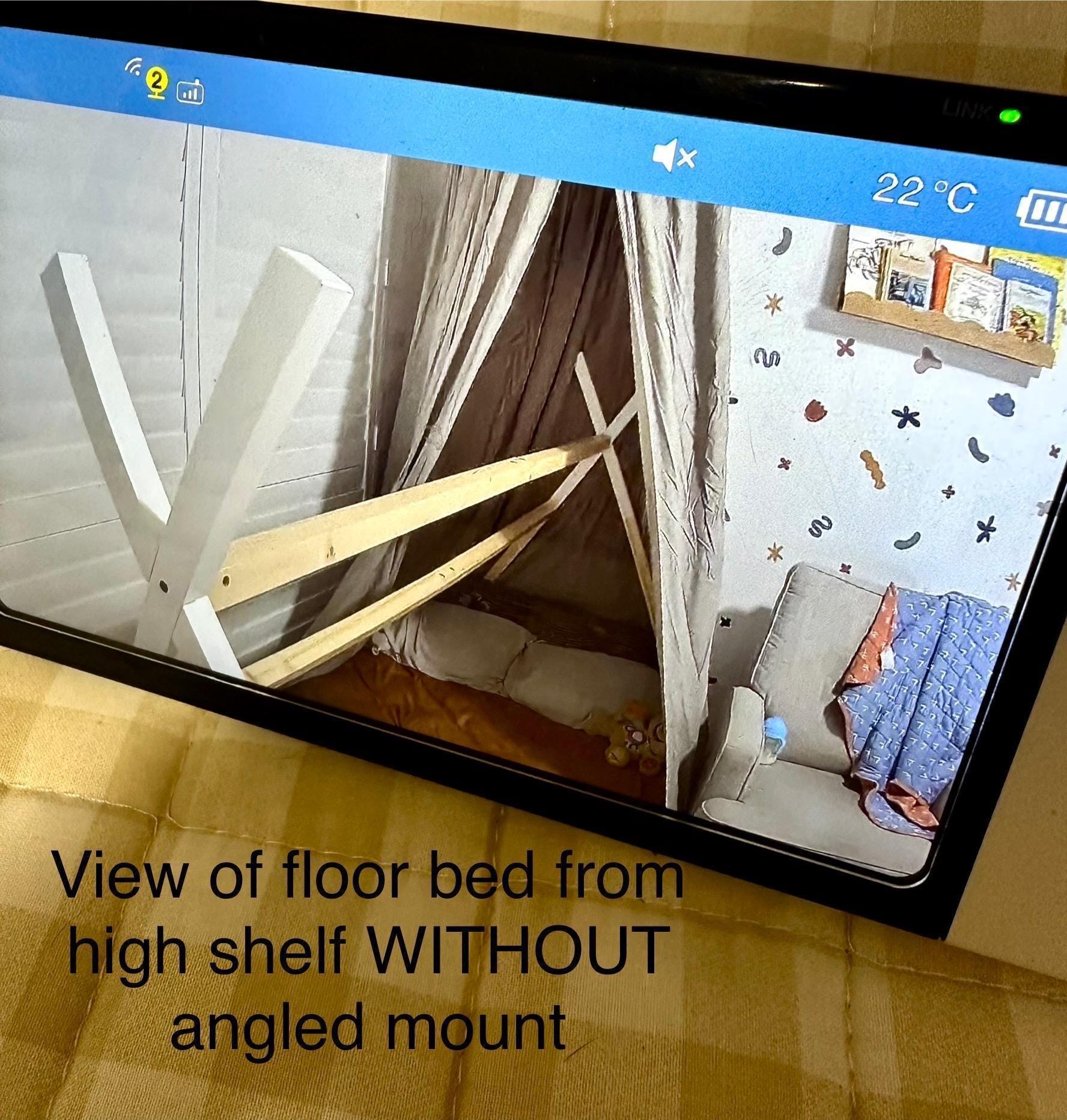 View of floor bed from high shelf WITHOUT angled mount for Tweetycam Baby Monitor Shelf Mount | Angled | All Models.