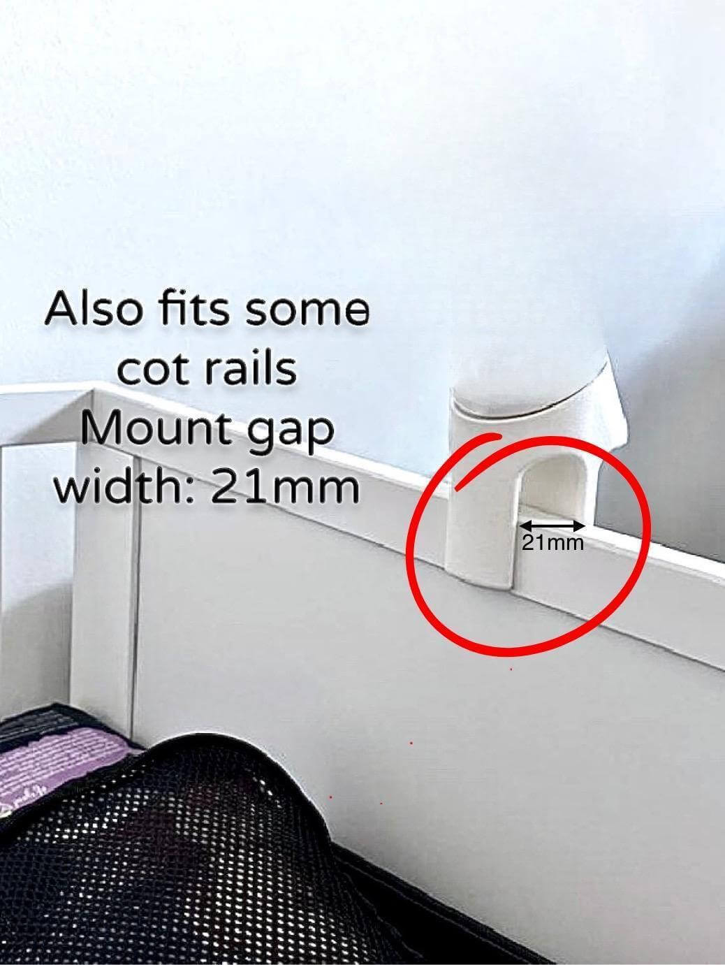 Infant Optics Baby Monitor Snoo & Cot Mount | DXR-8 + DXR-8 Pro showing 21mm mount gap for cot rails